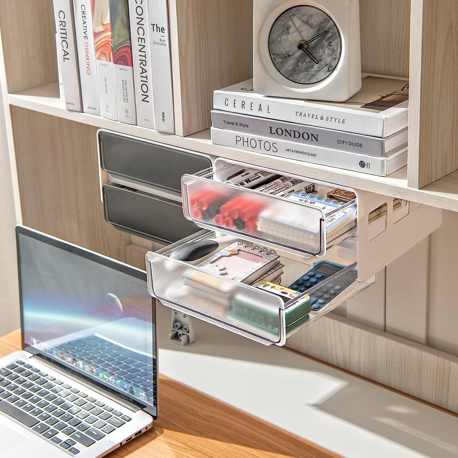 submatches Under Desk Drawer Organizer Slide Out, Hidden Self- adhesive Under Desk Storage Drawer with 2 Layers, Add a Drawer Under Table Storage Pencil Drawer for Office/Classroom/Home, White - Image 5